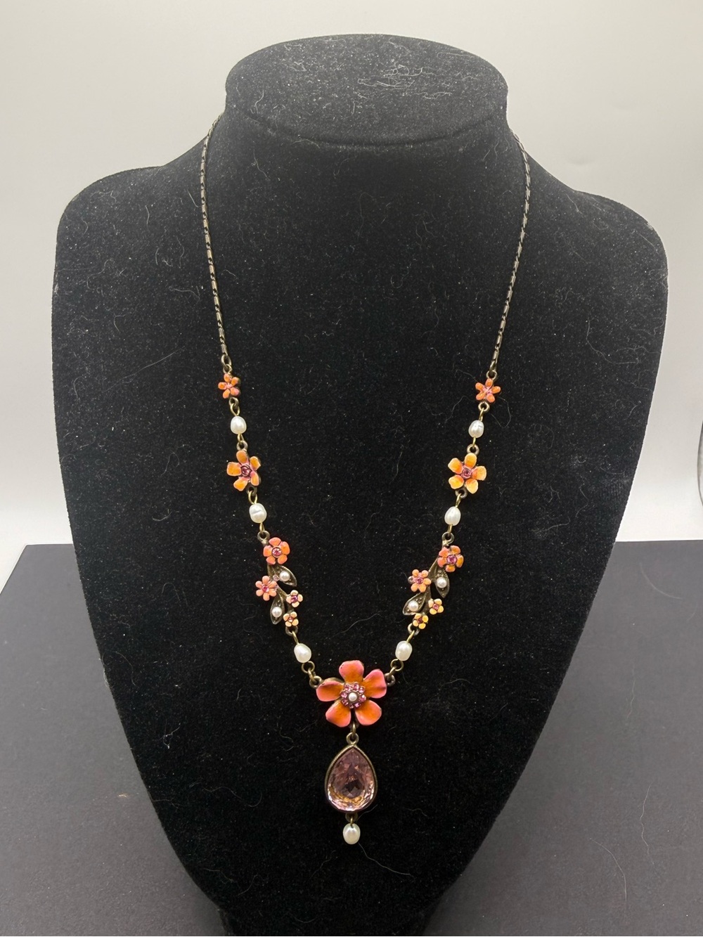 Ben-Amun Floral Enamel Pearl Teardrop Statement Necklace
